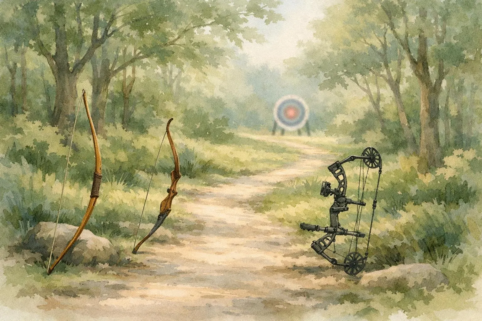 Illustration aquarelle douce guidant pour quel arc acheter en 2026, montrant un cheminement expert vers le choix idéal.