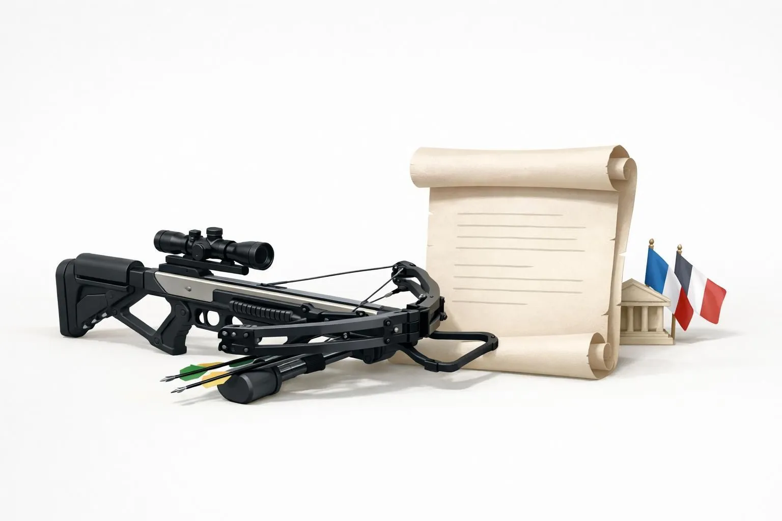Illustration minimaliste et épurée d'une arbalète de chasse à côté de documents juridiques, symbolisant la législation en Fra