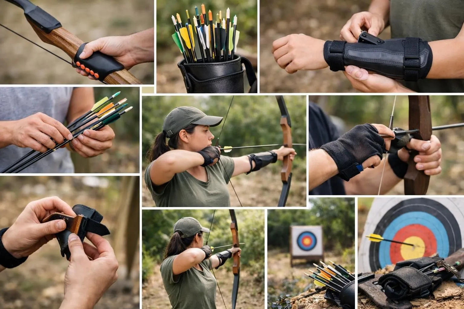Collage d'équipement archer débutant: arc, flèches, protections et entraînement initial. Guide complet.