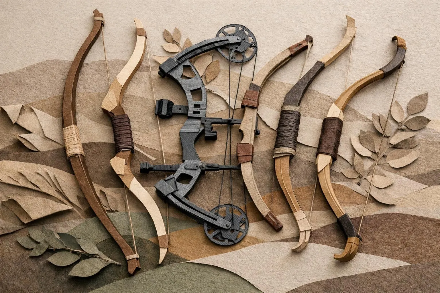Image créative de comparatif arcs de chasse en style paper craft, montrant 5 types d'arcs pour la chasse.