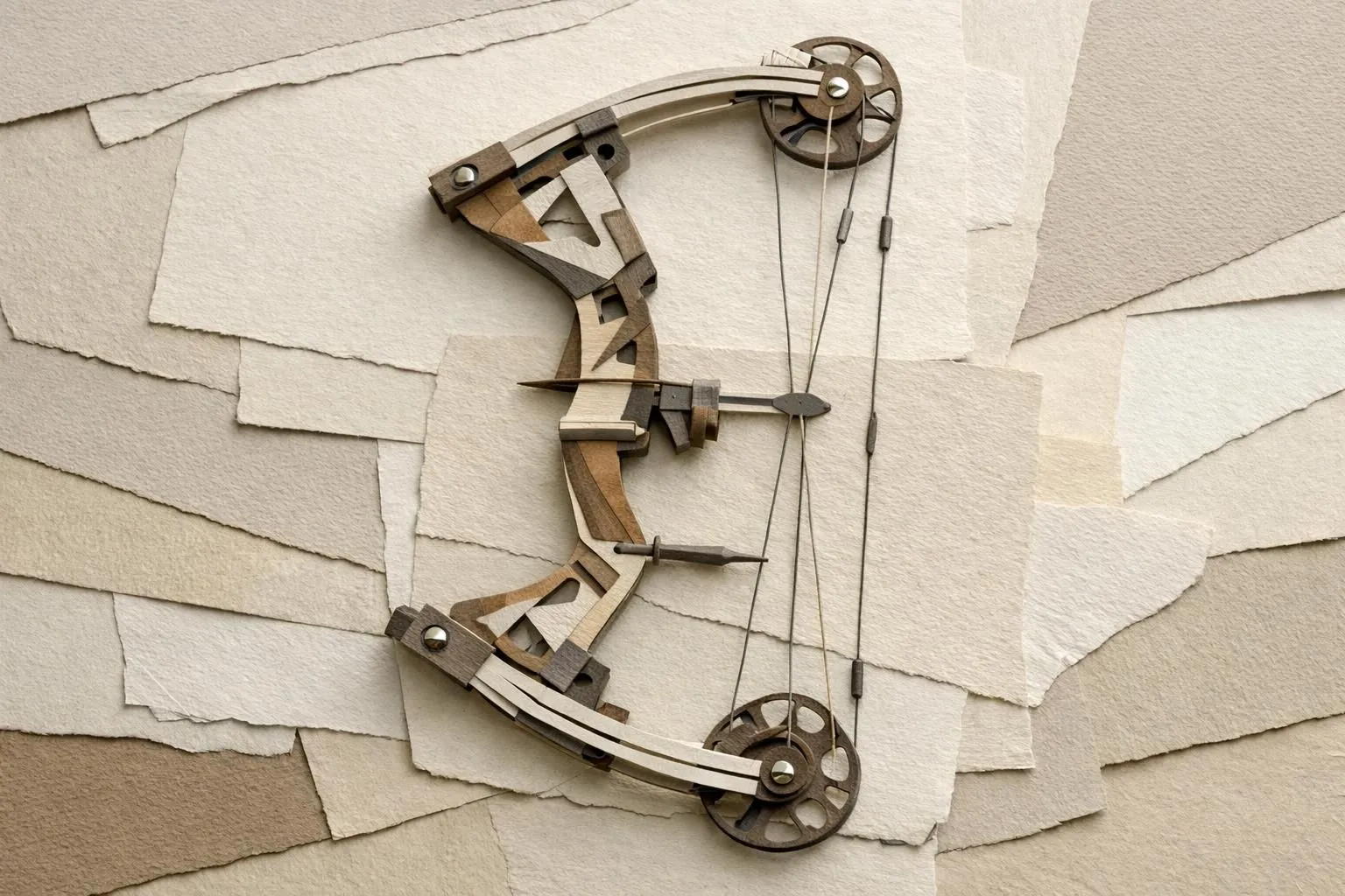 Arc à poulies détaillé en paper craft, guide d'achat pour 2026. Couches de papier créatives et tactiles.