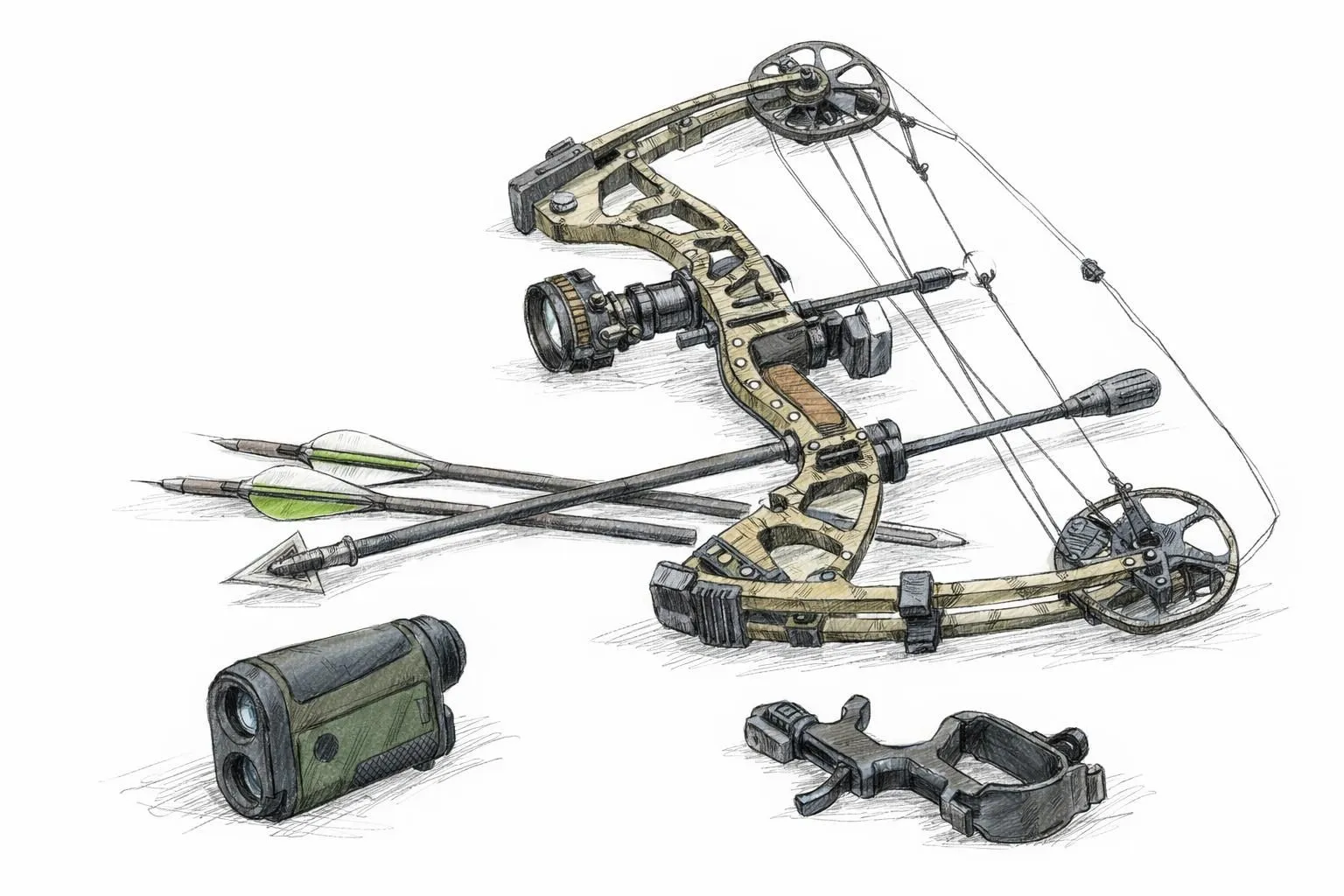 Croquis dessiné à la main d'équipement de chasse à l'arc essentiel : arc, flèches à pointes, télémètre, décocheur.